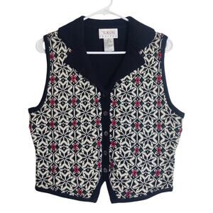 Vtg Talbots Wool Blend Beaded Floral Nordic Knit Sweater Vest Petite Small